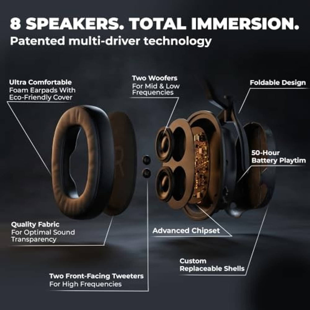 Black over-ear wireless headphones tech view with visible ear cups and speaker drivers.