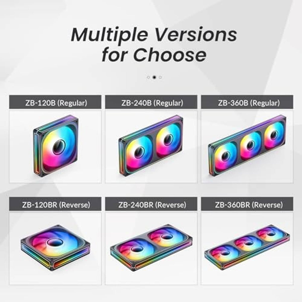 Set of RGB 360mm PC case fan models shown in different sizes and orientations