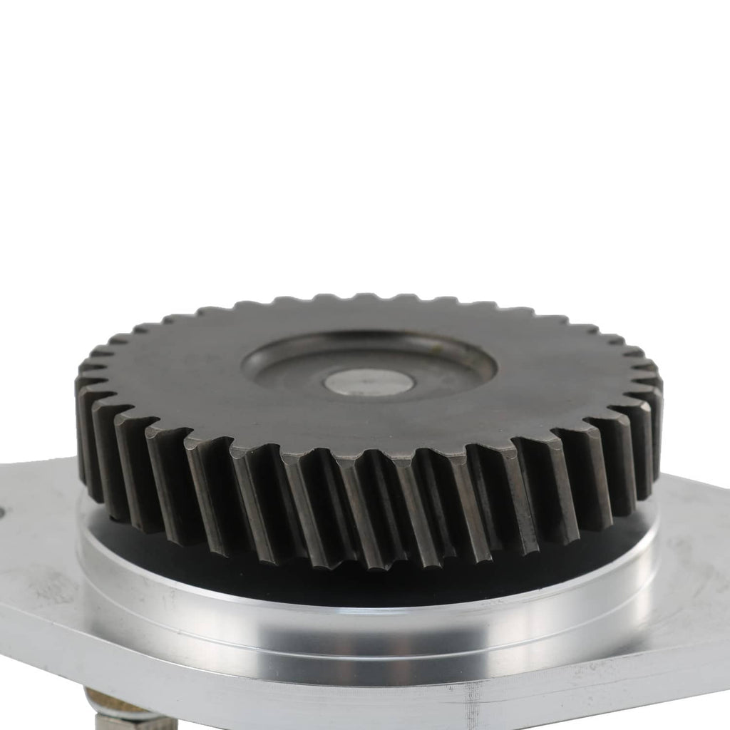Raw water pump gear close-up showing toothed ring and central bolt head