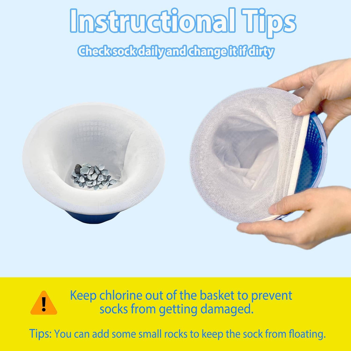 White mesh pool skimmer sock basket with blue handle, shown with debris inside