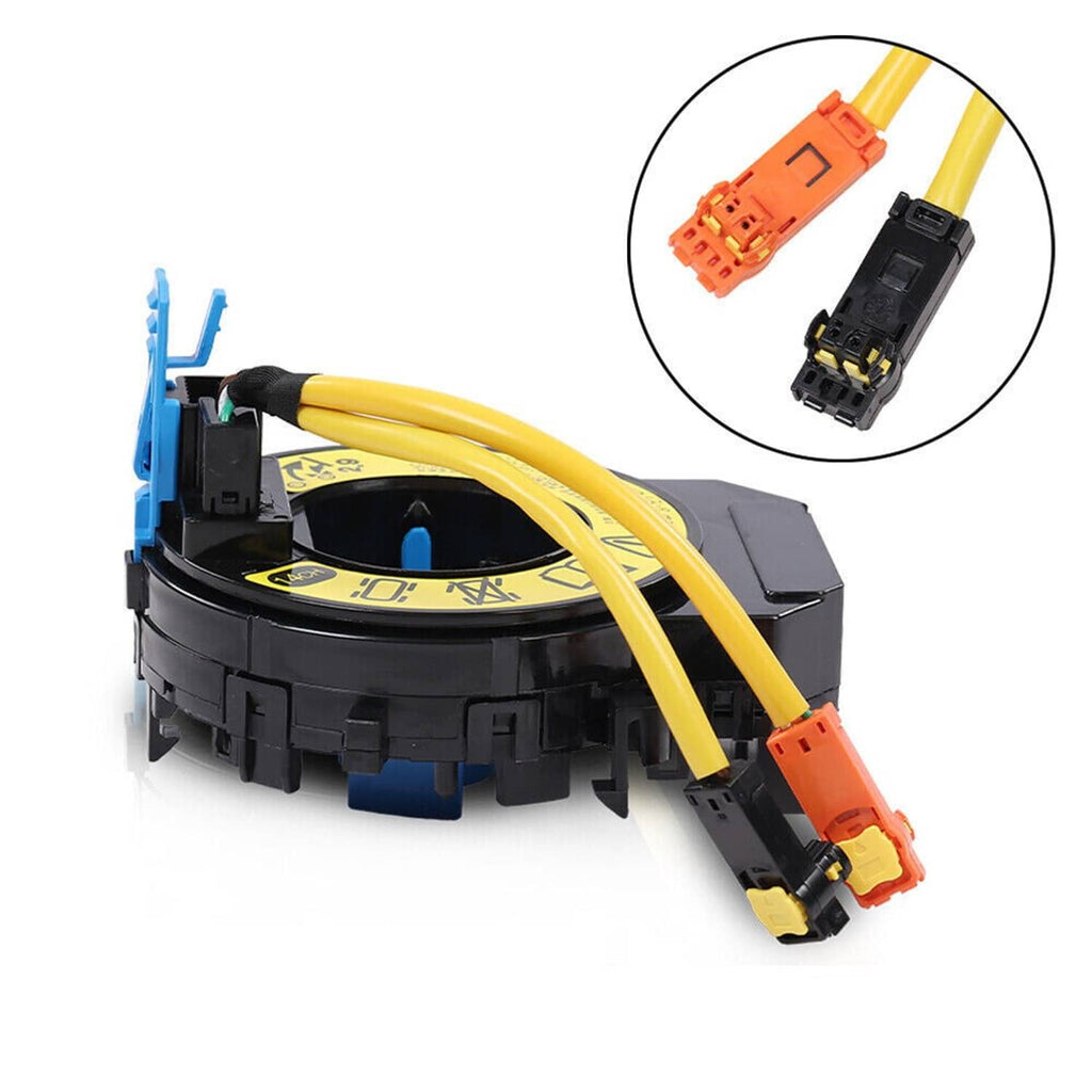 Clock spring spiral cable, black ring housing with yellow leads and orange plug