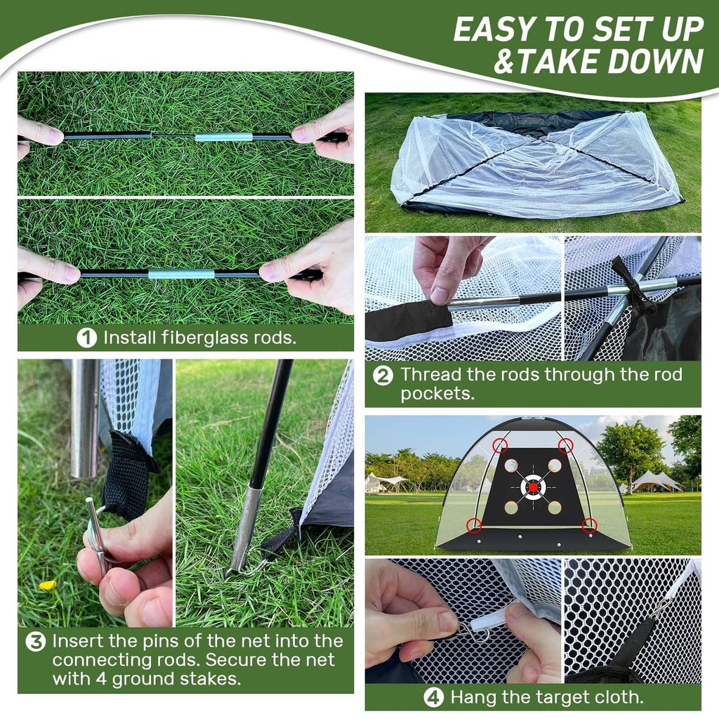 Golf practice net setup steps: install rods, thread pockets, secure stakes, hang target cloth