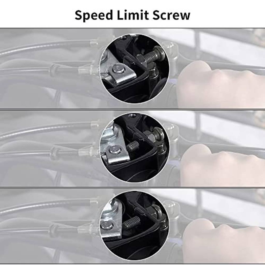 Thumb throttle speed limit screw adjustment area on black governor housing
