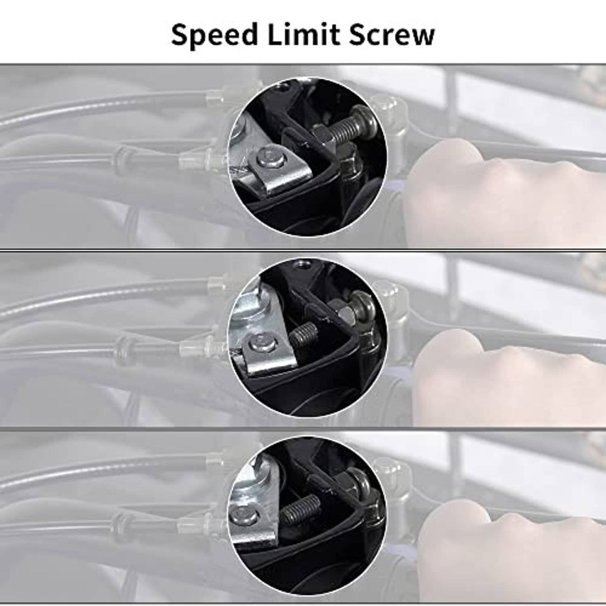 Thumb throttle speed limit screw adjustment area on black governor housing