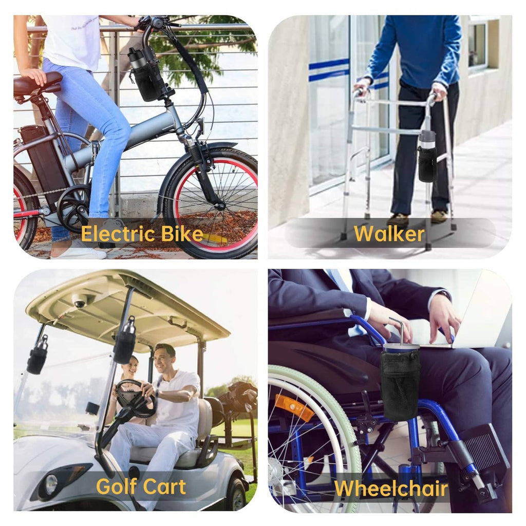 Black cup holders with fastening straps mounted on mobility devices