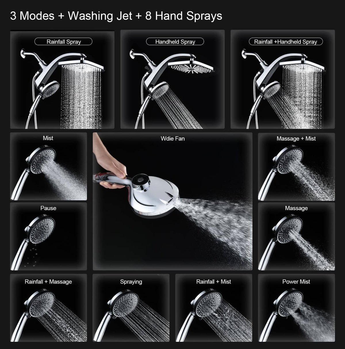 Shower head system with multiple spray modes: rain, handheld, mist, wide fan, massage