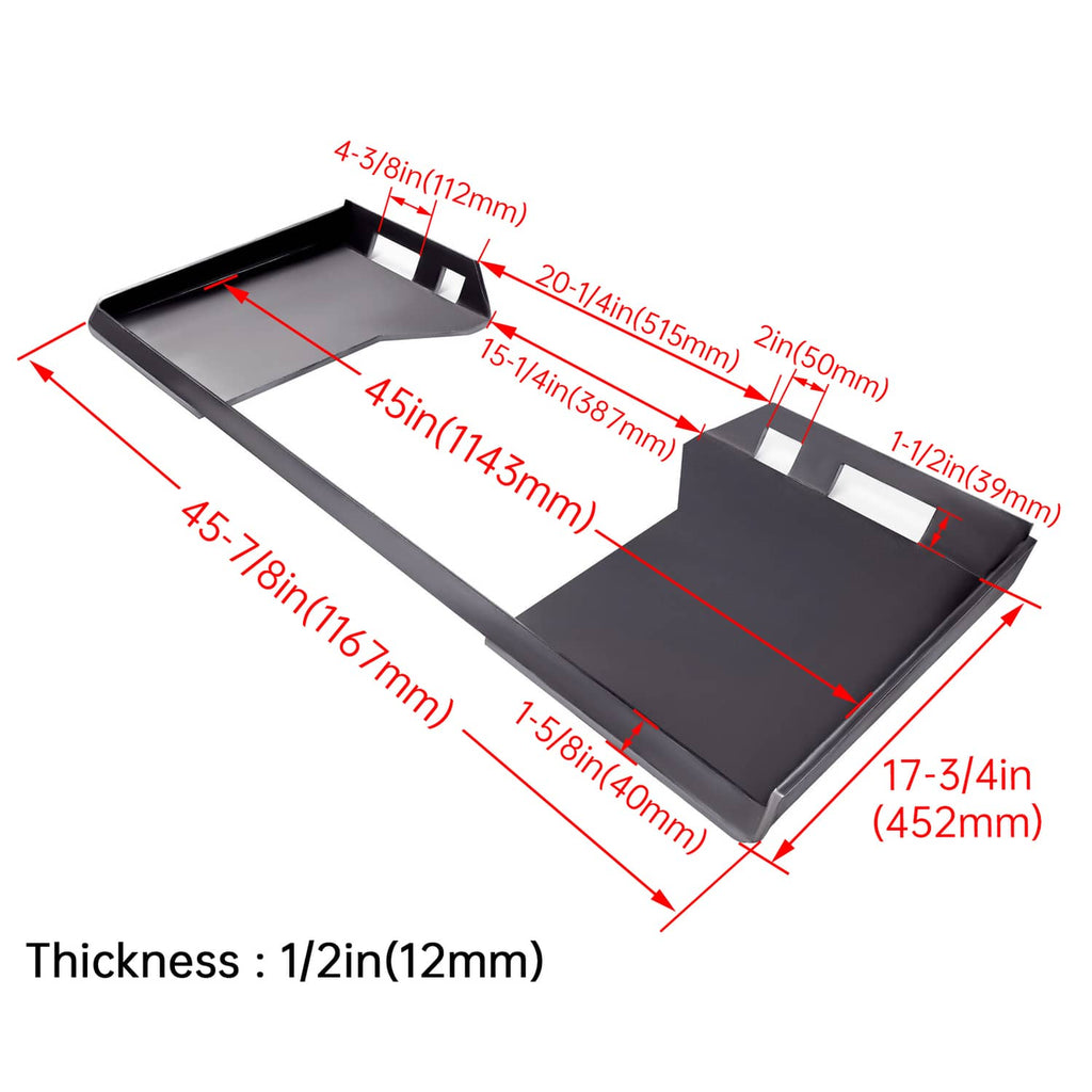 Metal skid steer attachment adapter plate with center opening and side mounting tabs