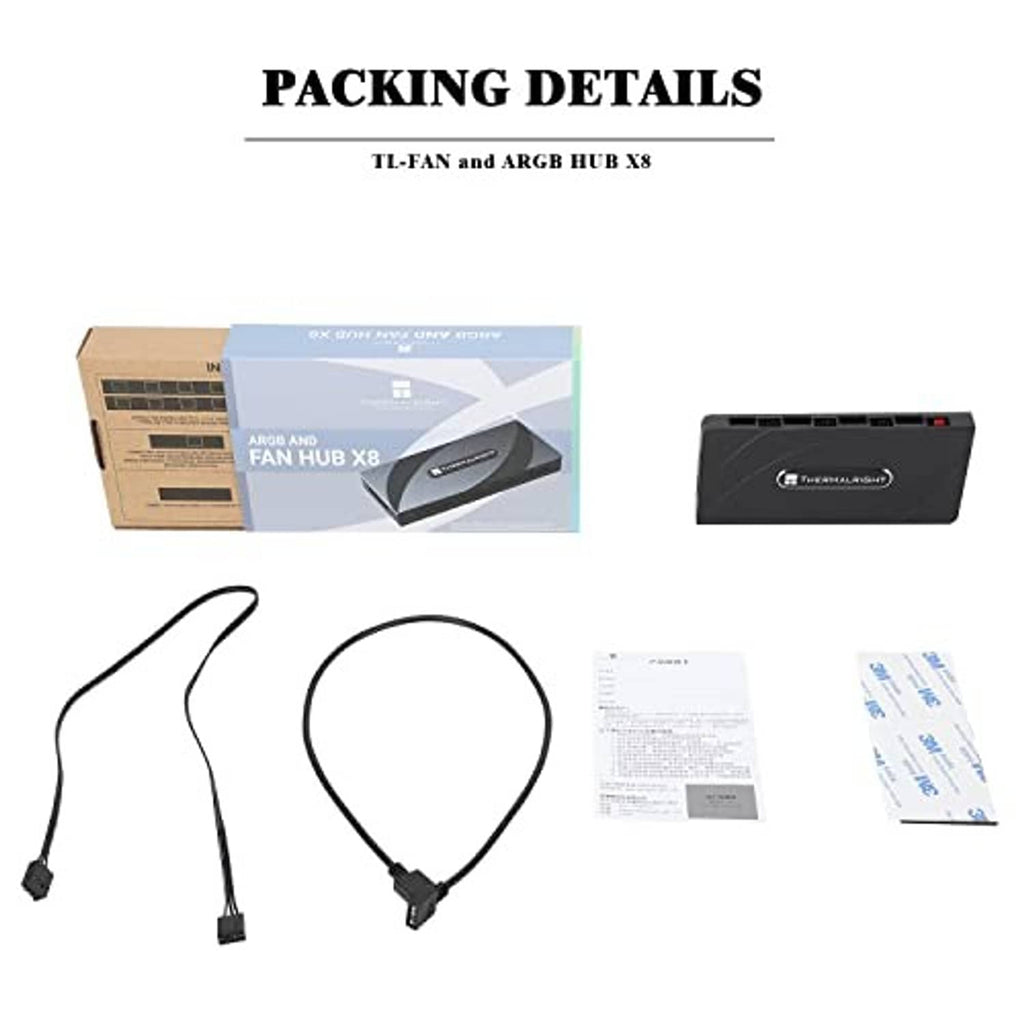 ARGB fan hub controller box with cables and documents shown in packing contents