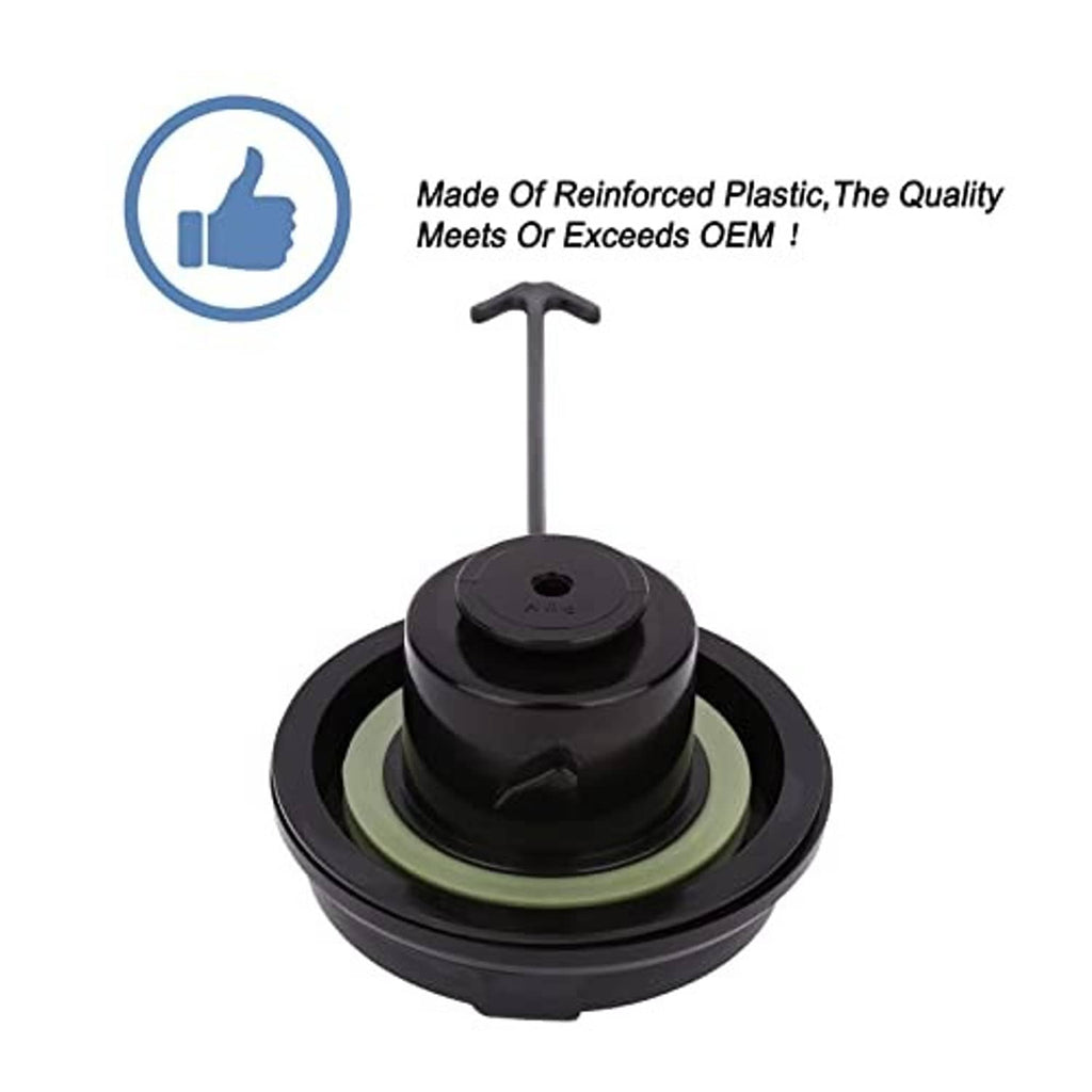 Black fuel tank filler cap with raised center and green sealing ring with tether post