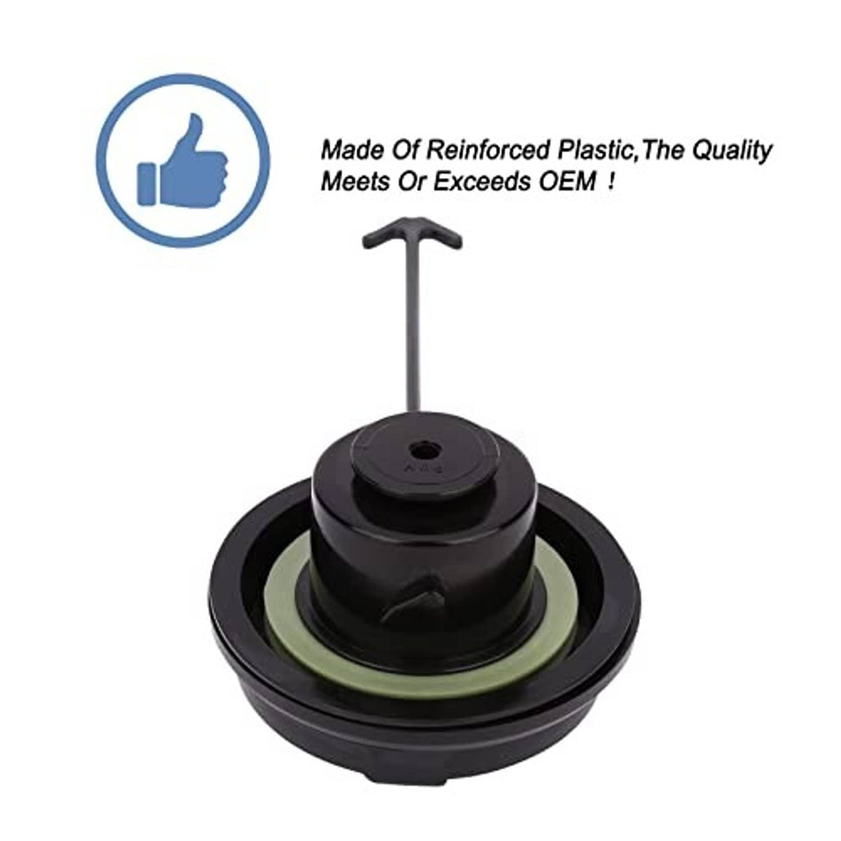 Black fuel tank filler cap with raised center and green sealing ring with tether post