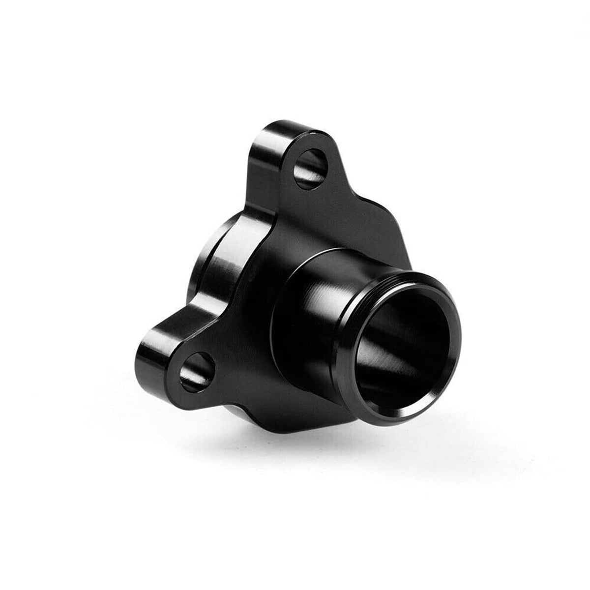 Black coolant water hose fitting, angled view of circular outlet and flange