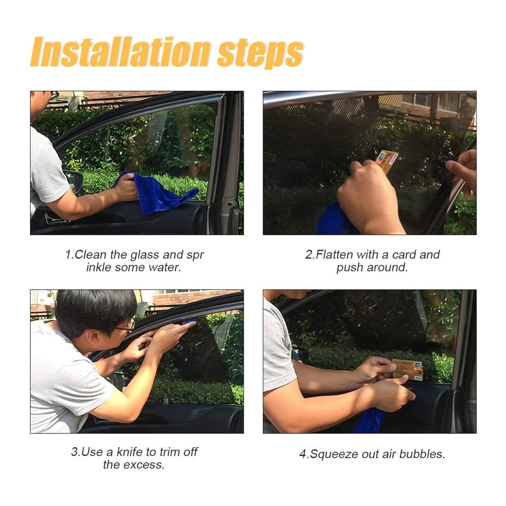 Car side window sunshade installation steps showing static cling mesh film application