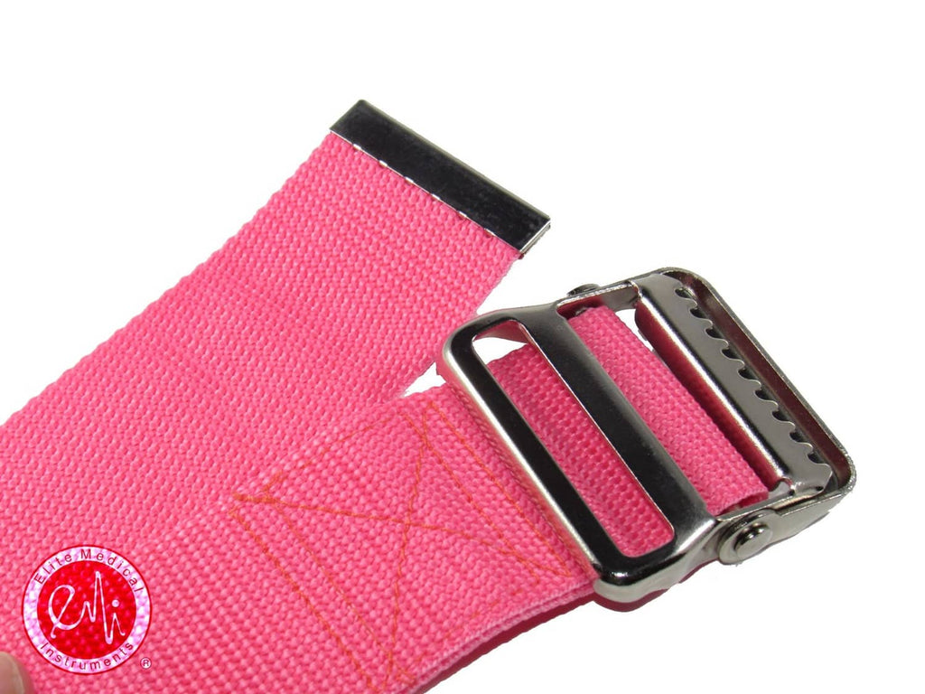 Pink polyester gait belt with black metal buckle and adjustment holes