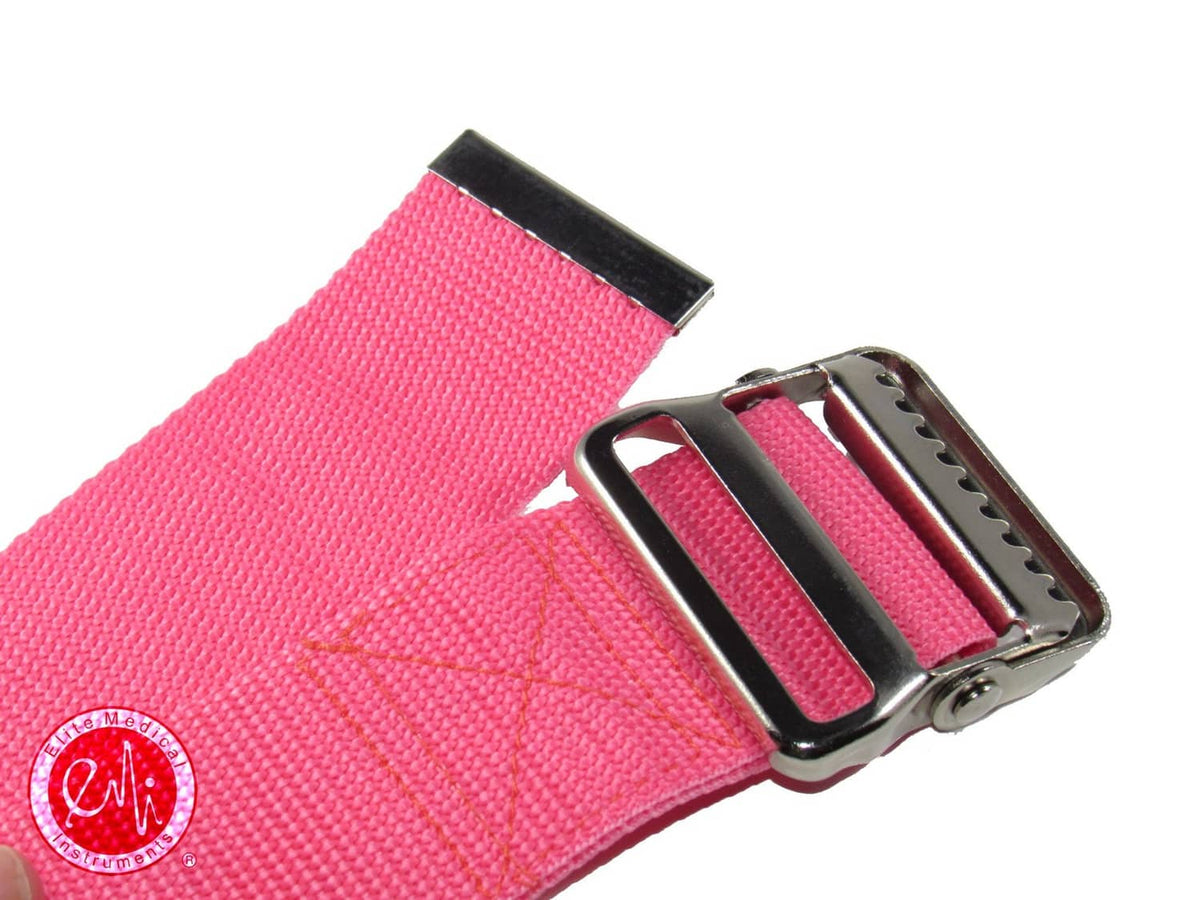 Pink polyester gait belt with black metal buckle and adjustment holes
