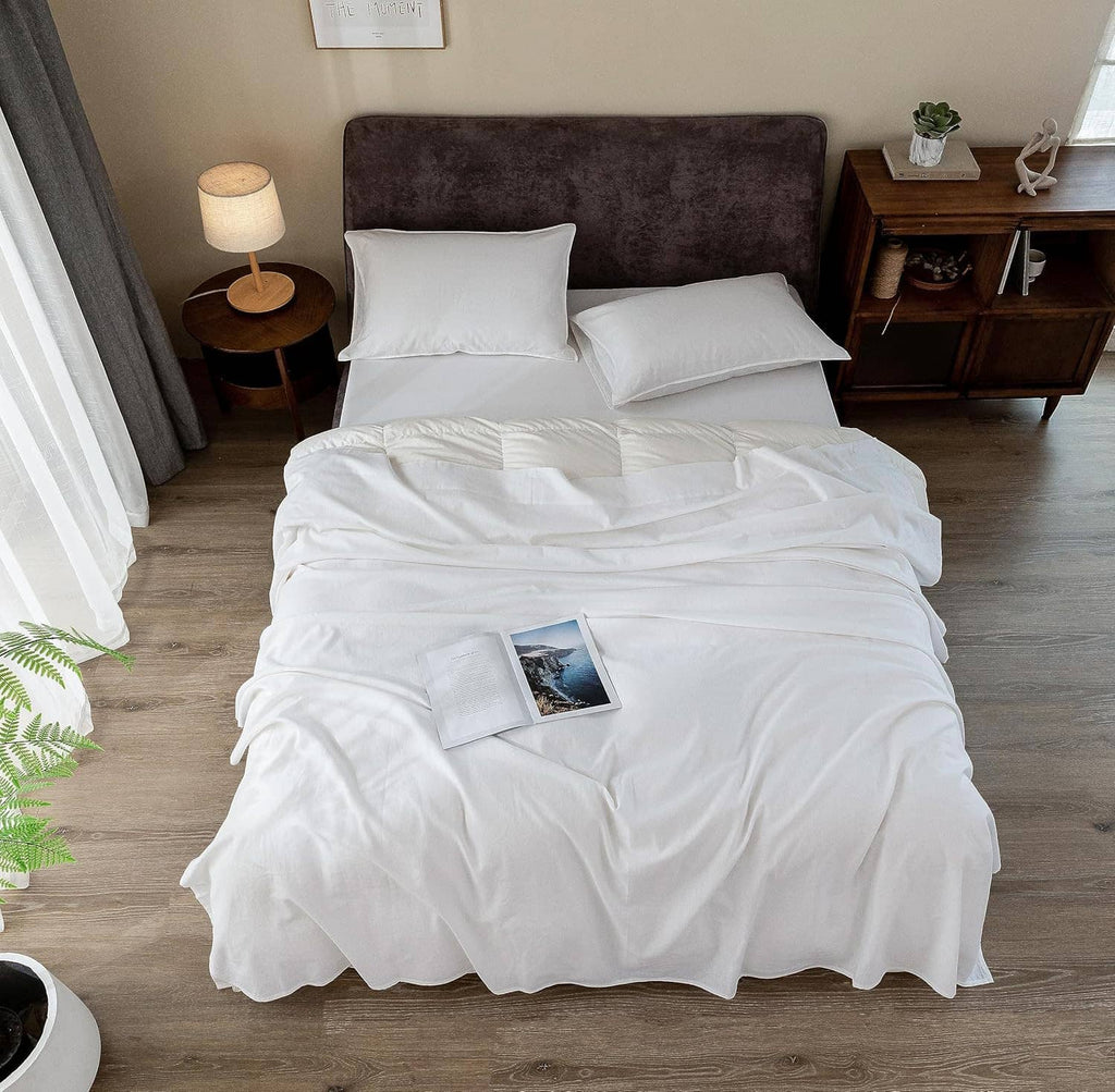 White linen bed sheet set, full size with two pillowcases and draped top sheets