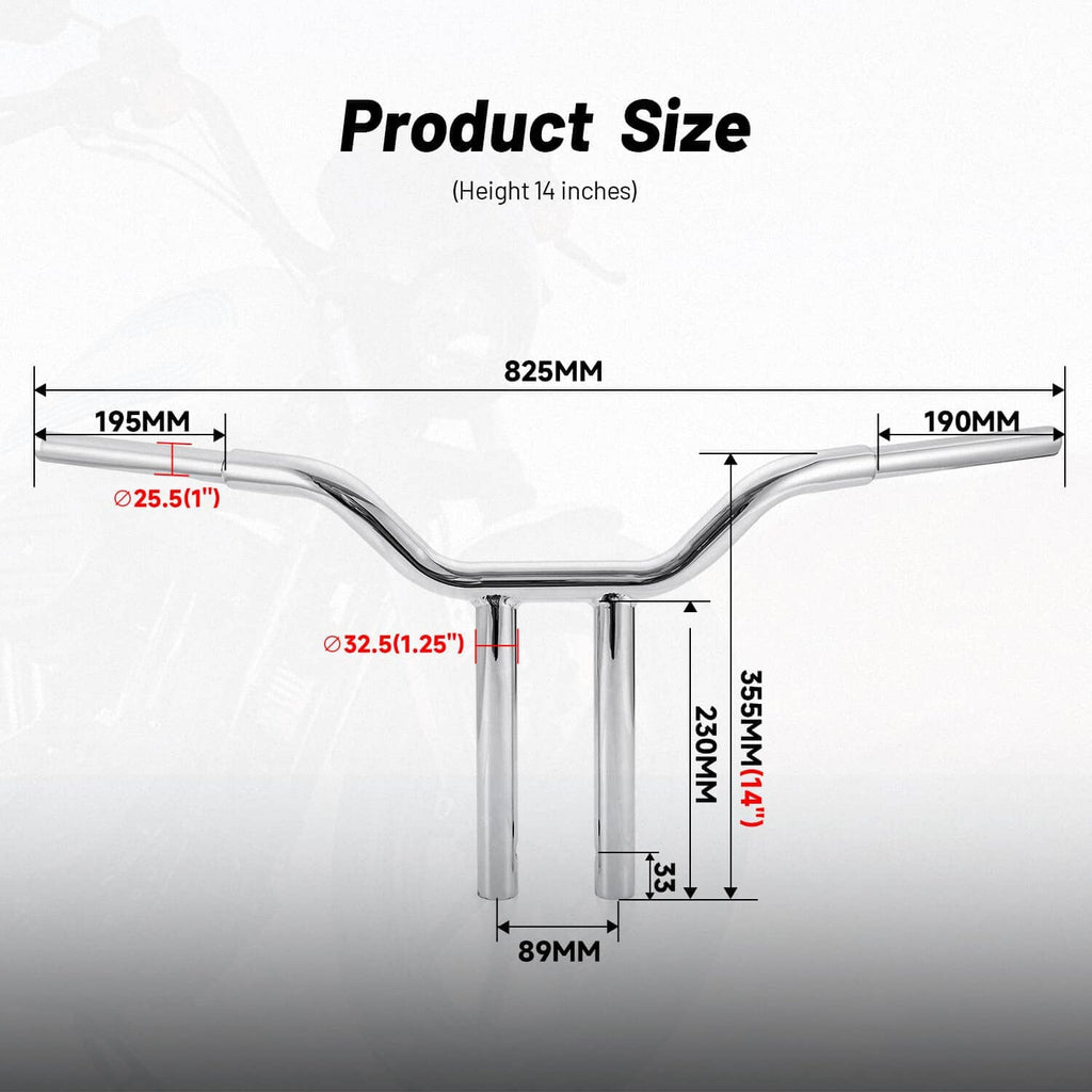 Chrome 14-inch T-bar handlebar product size diagram with labeled measurements