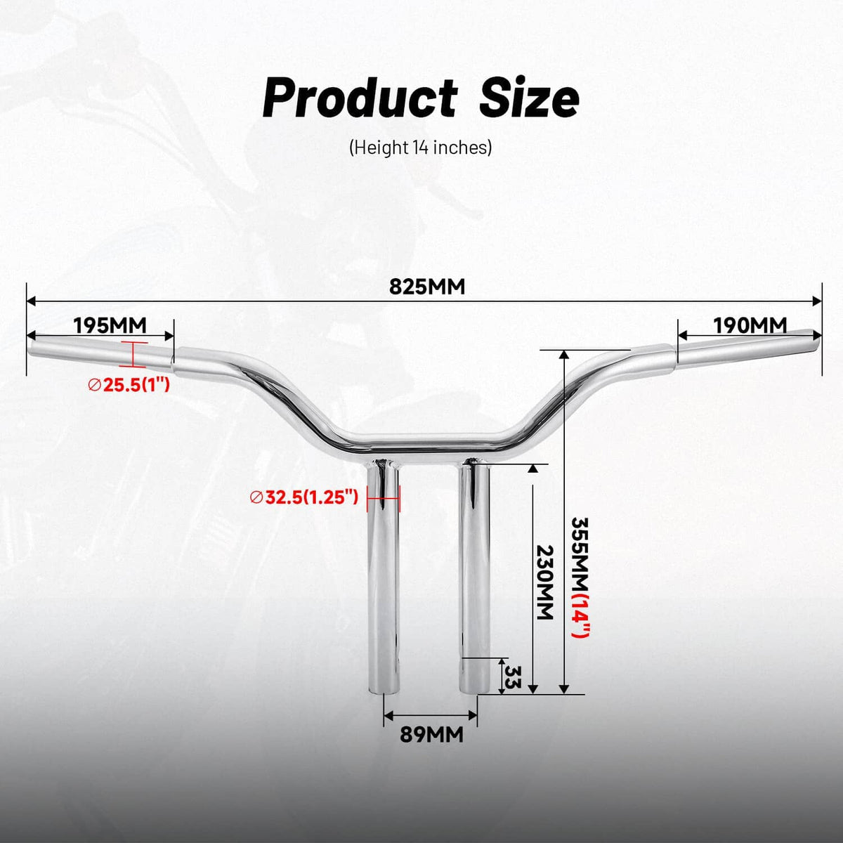 Chrome 14-inch T-bar handlebar product size diagram with labeled measurements
