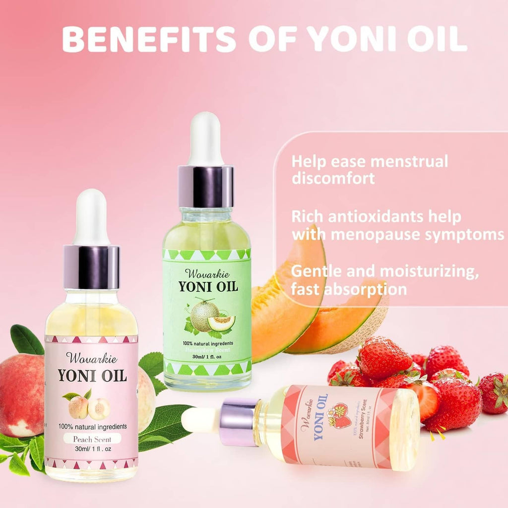 Three feminine oil bottles with fruit accents and benefits graphic