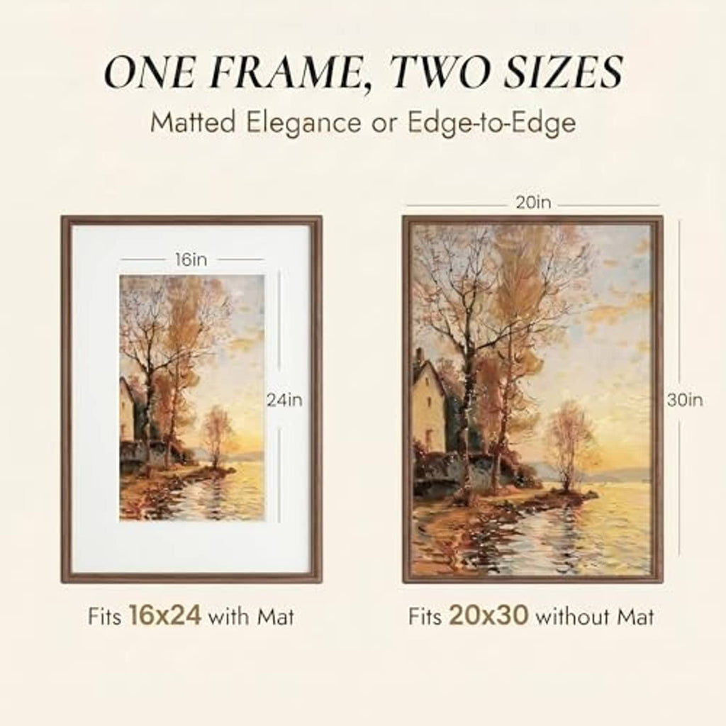 Walnut wood picture frame set showing 16 x 24 with mat and 20 x 30 without mat