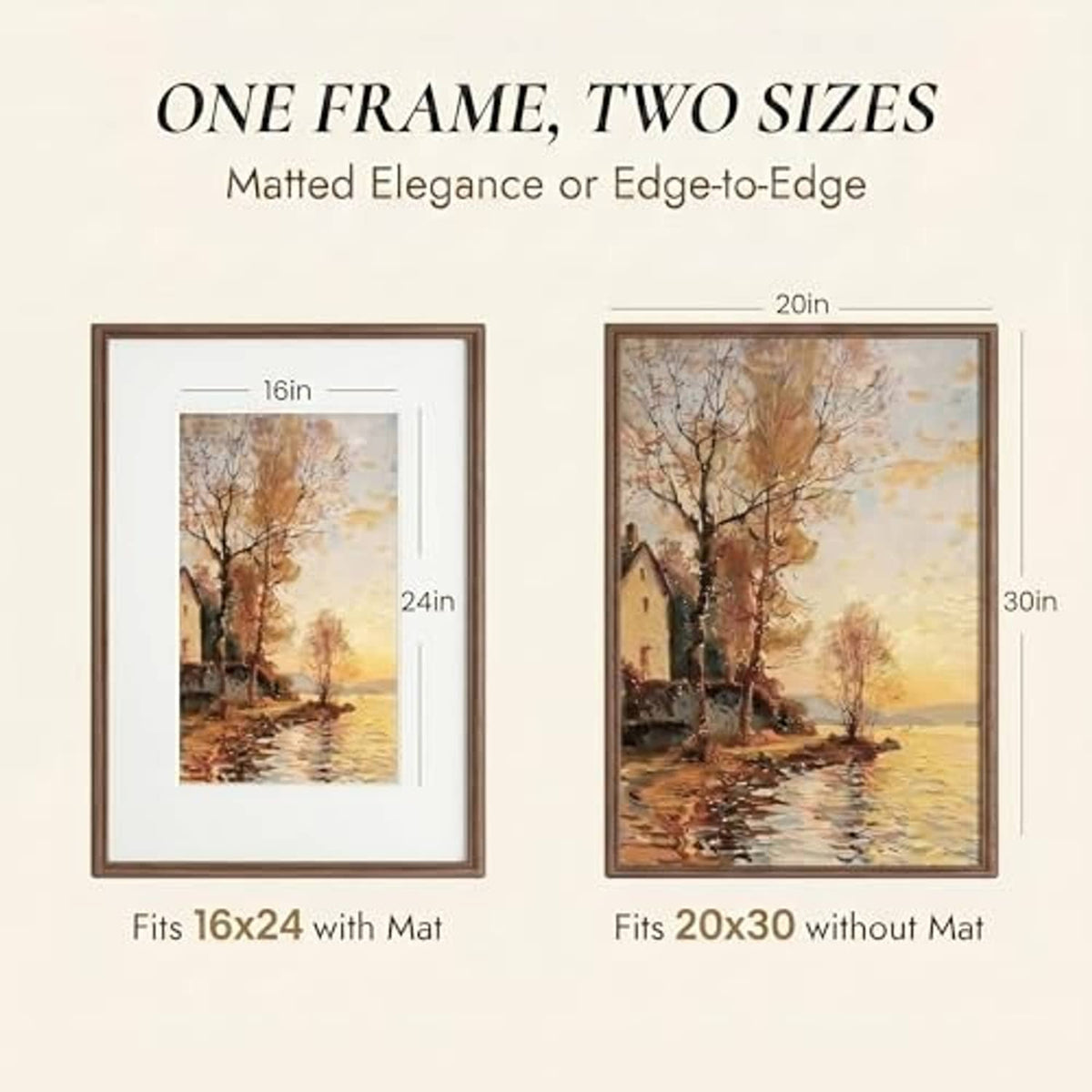 Walnut wood picture frame set showing 16 x 24 with mat and 20 x 30 without mat