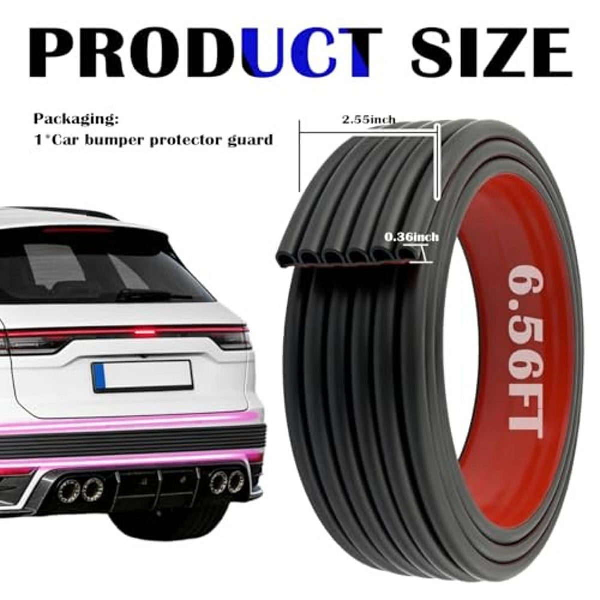 Rolled 6.56FT rubber bumper guard strip with red inner edge, side-profile view