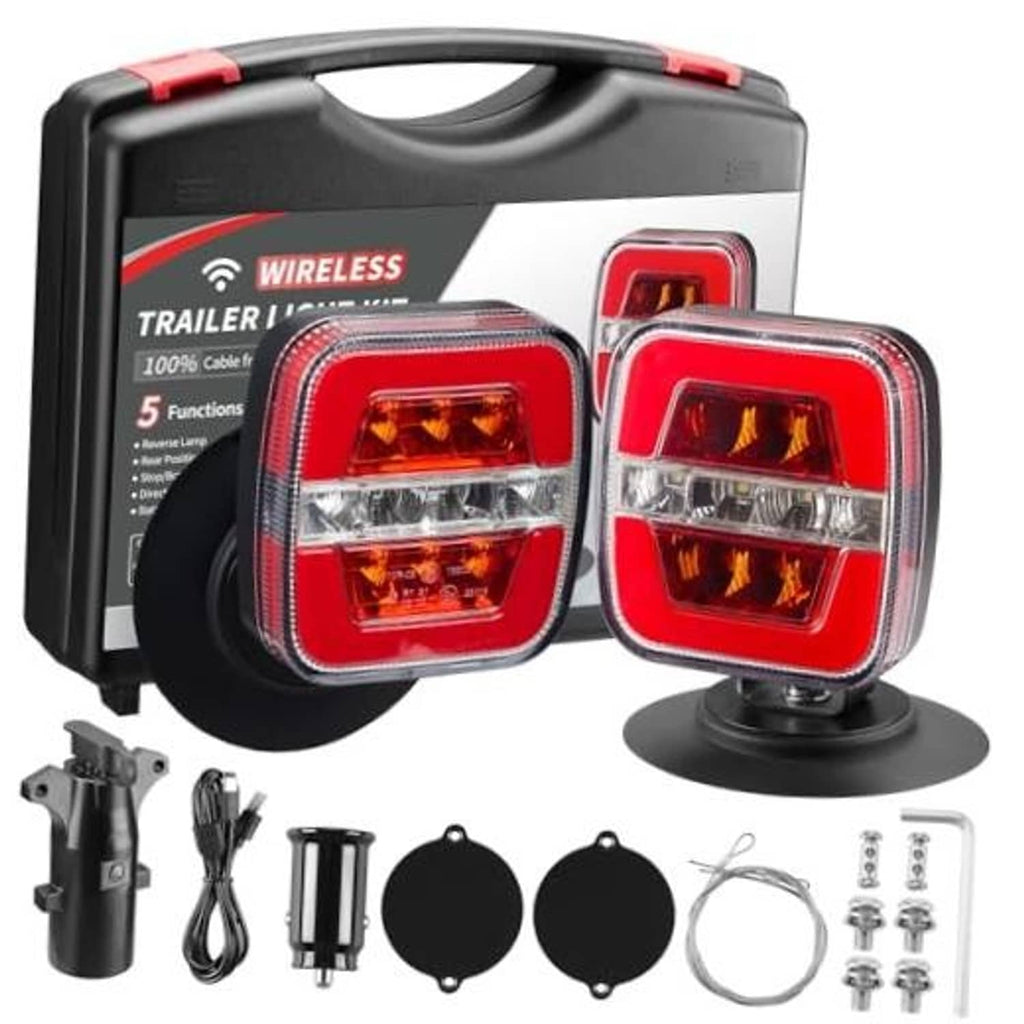 Magnetic wireless trailer lights with two red LED lamps and black mounting bases