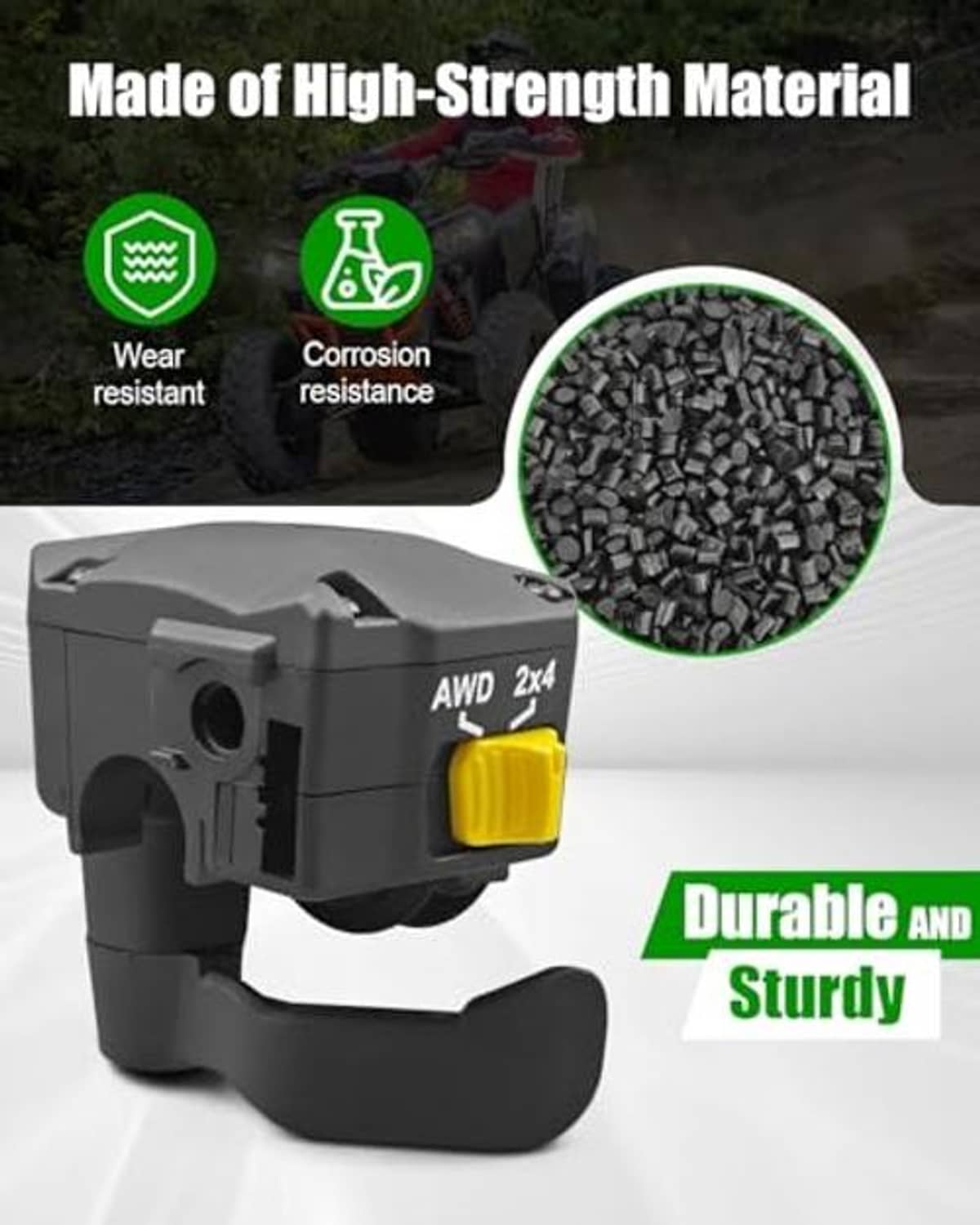 Black thumb throttle lever assembly with yellow switch, with material texture detail