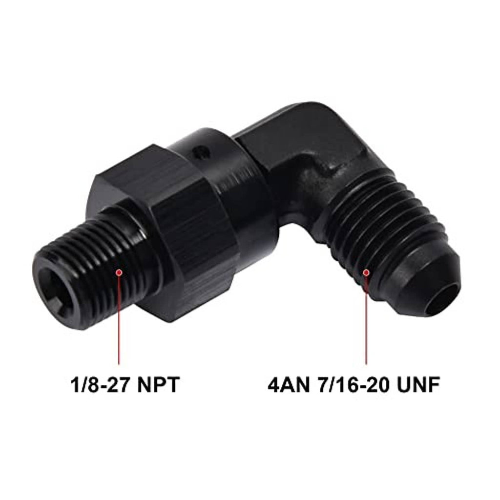 Black 90-degree swivel fitting adapter with external threads on both ends