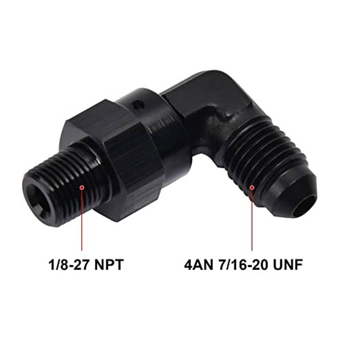 Black 90-degree swivel fitting adapter with external threads on both ends