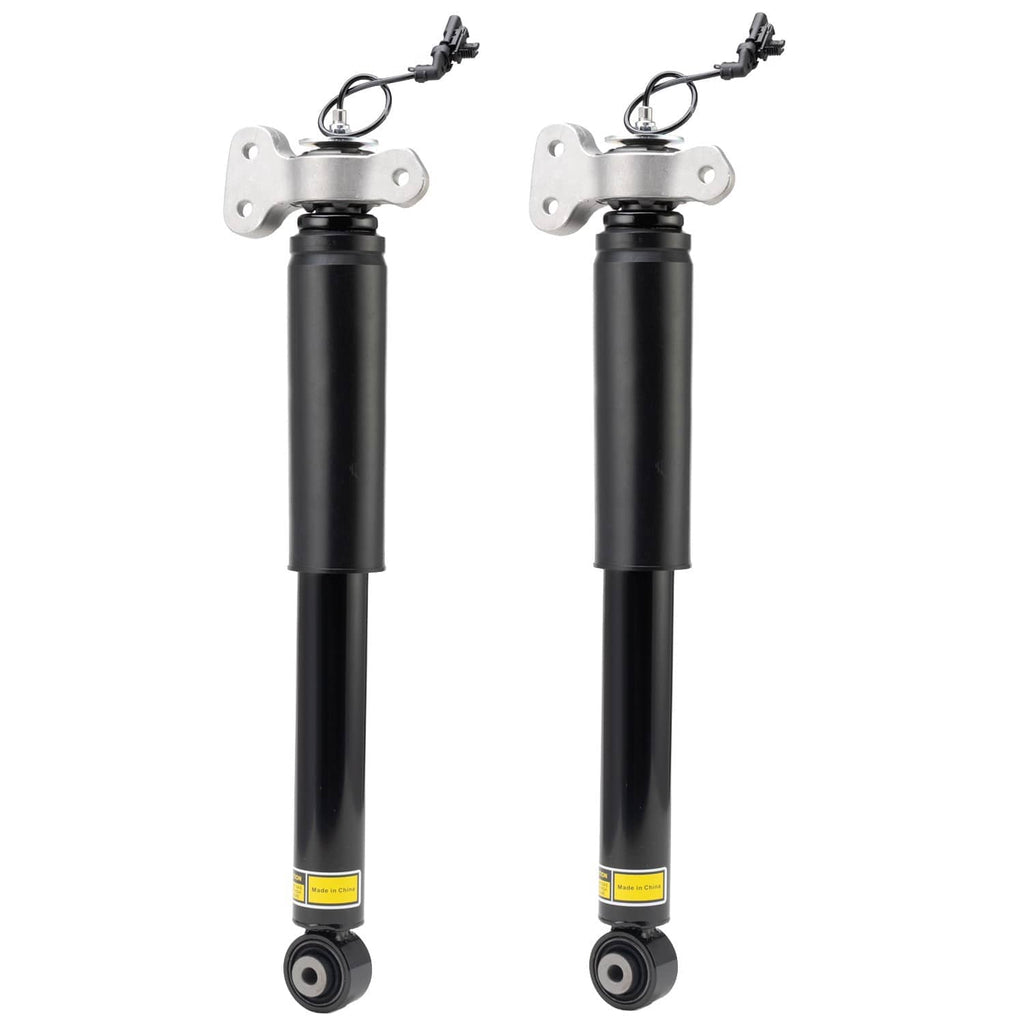 Two rear shock absorber struts with black bodies and silver mounting brackets