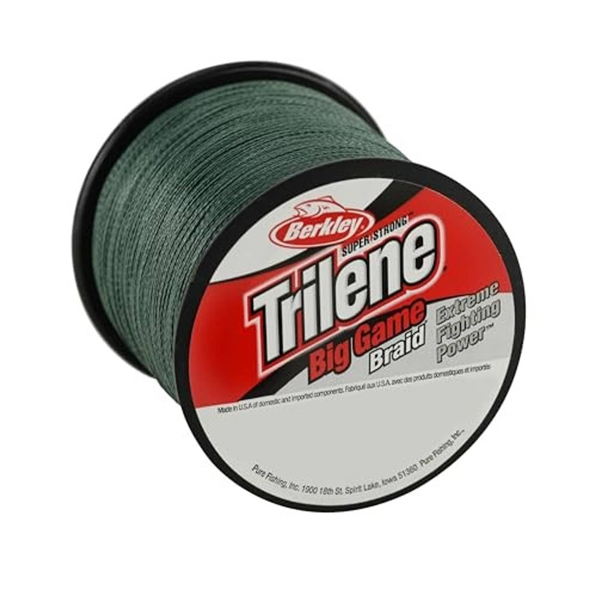 Green fishing line spool with label facing, angled view