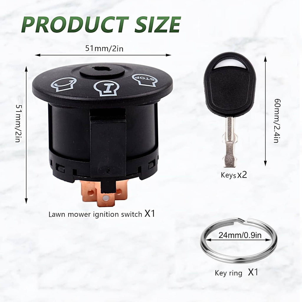 Ignition switch with black knob and included keys, shown with product size