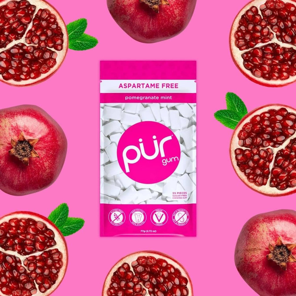 Pomegranate mint chewing gum pack with PUR logo, aspartame-free