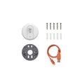 White spare parts kit: mounting ring base, screws, black plate, USB cables