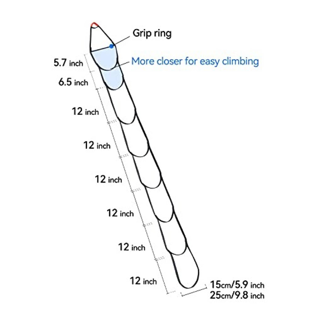 Rope ladder with 8 loop steps and top grip ring, measured length design