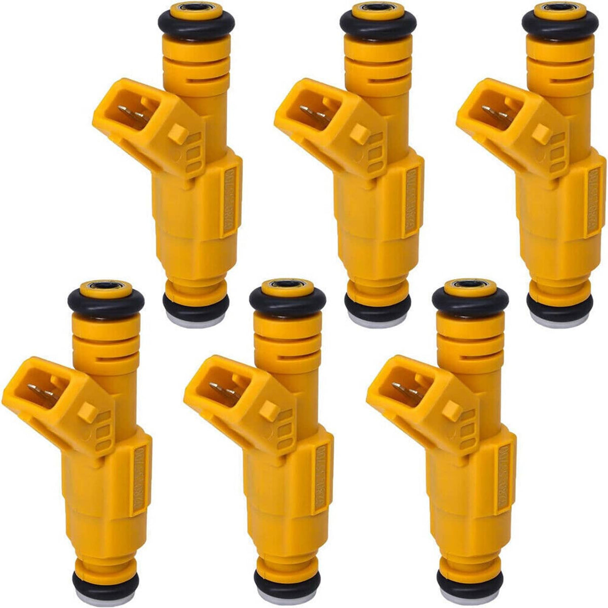 Six yellow fuel injectors with black rubber tips and electrical connectors