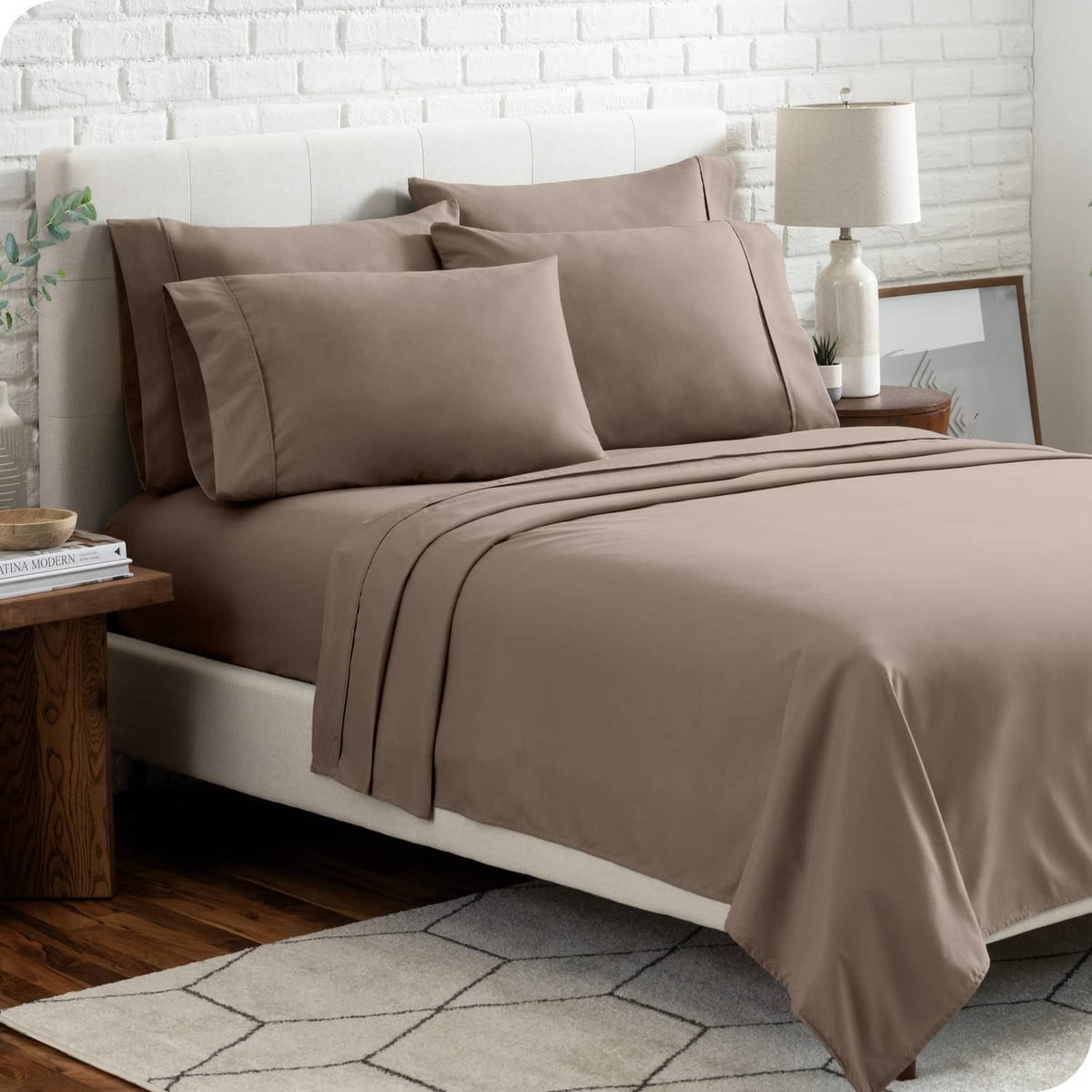 Taupe microfiber full XL bed sheet set with deep pockets and matching pillowcases.