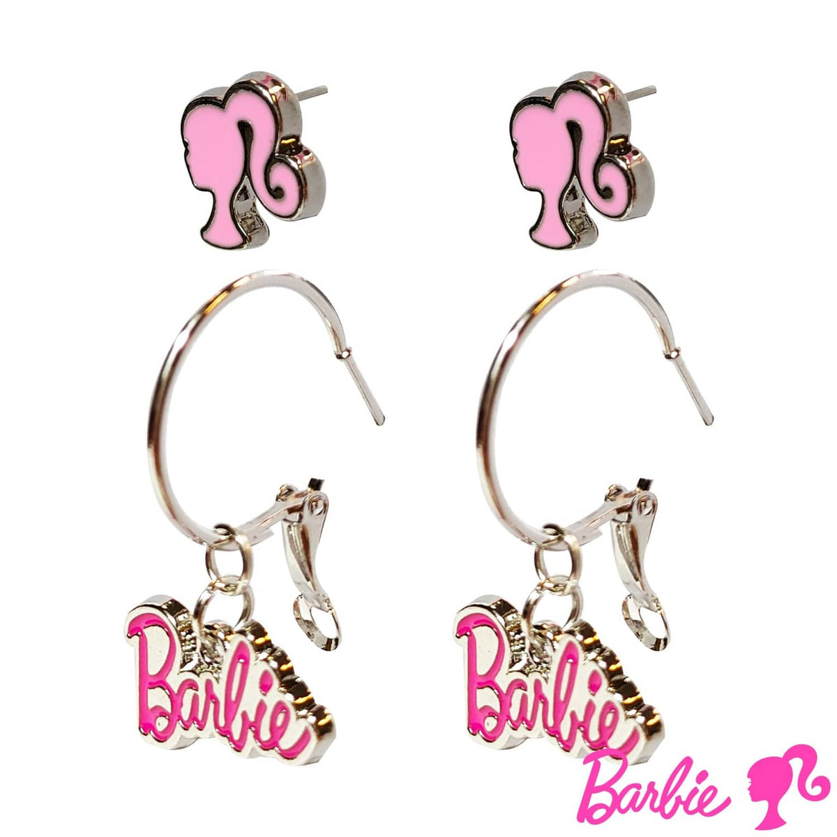 Silver-tone Barbie face stud with hot pink enamel and hoop charm