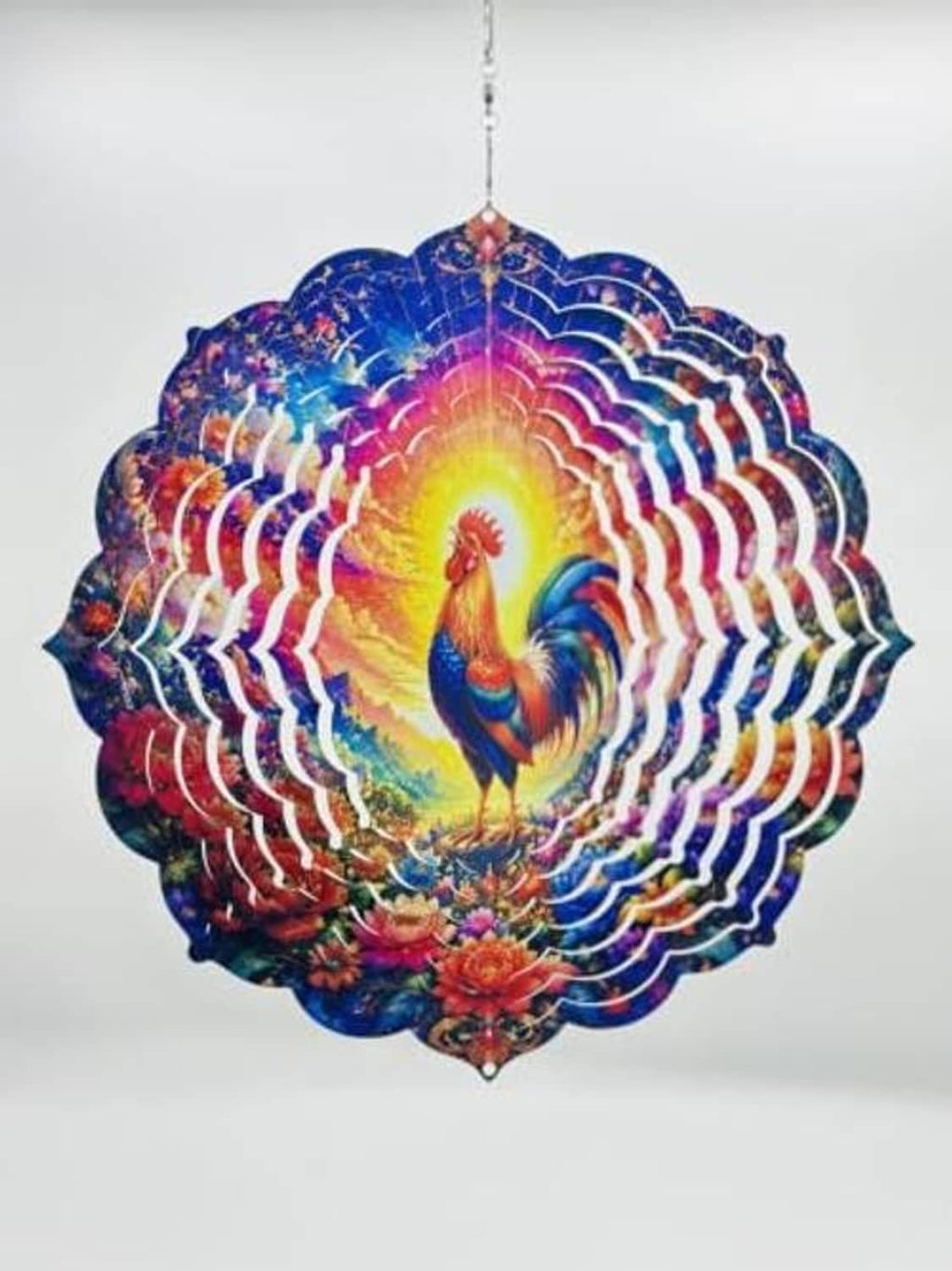 Round rooster wind spinner featuring a glowing yellow halo center