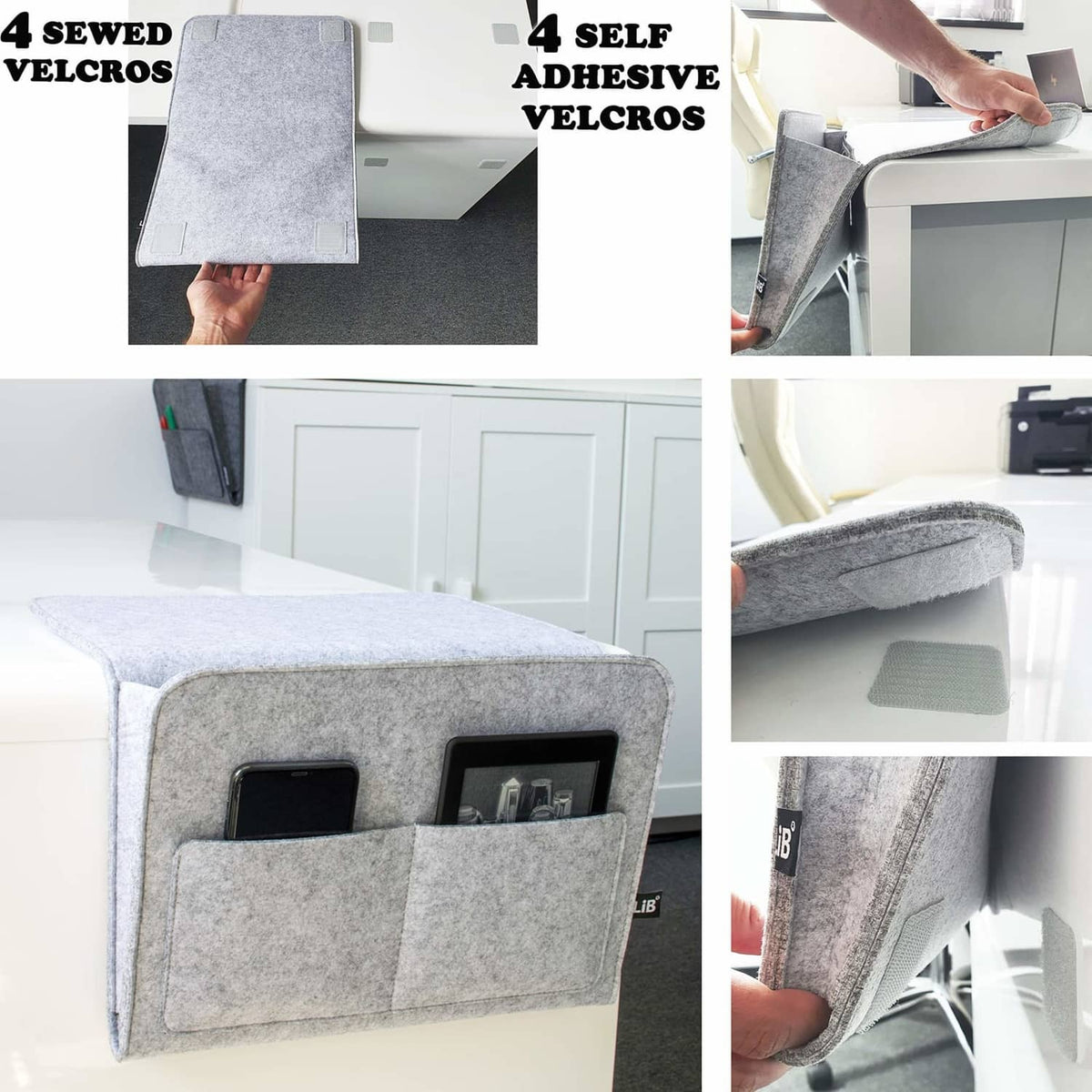 Light gray felt bedside storage caddy with self-adhesive velcro attachment