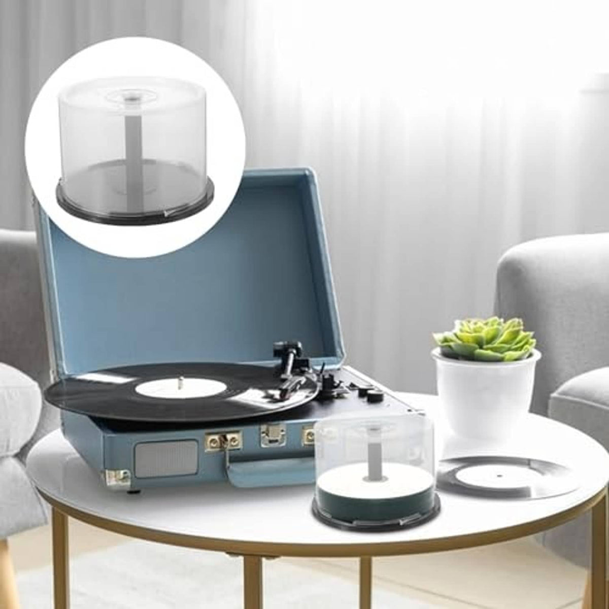 Clear CD storage container with transparent lid and round black base