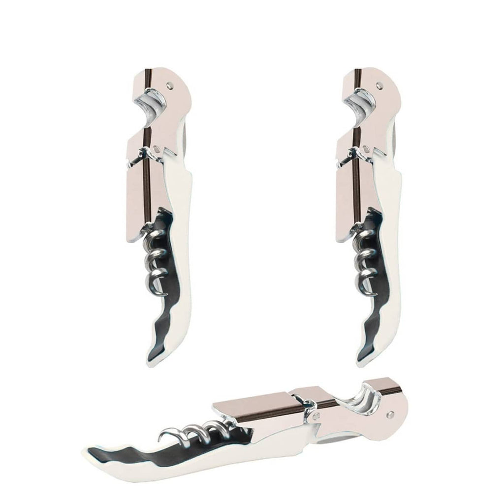 White-handled waiter corkscrew wine openers, two-piece set with silver metal levers
