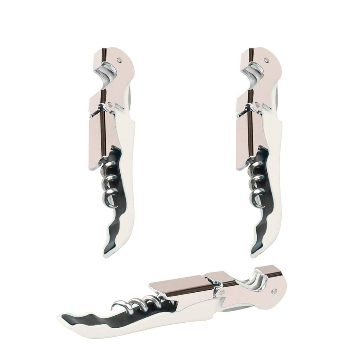 White-handled waiter corkscrew wine openers, two-piece set with silver metal levers