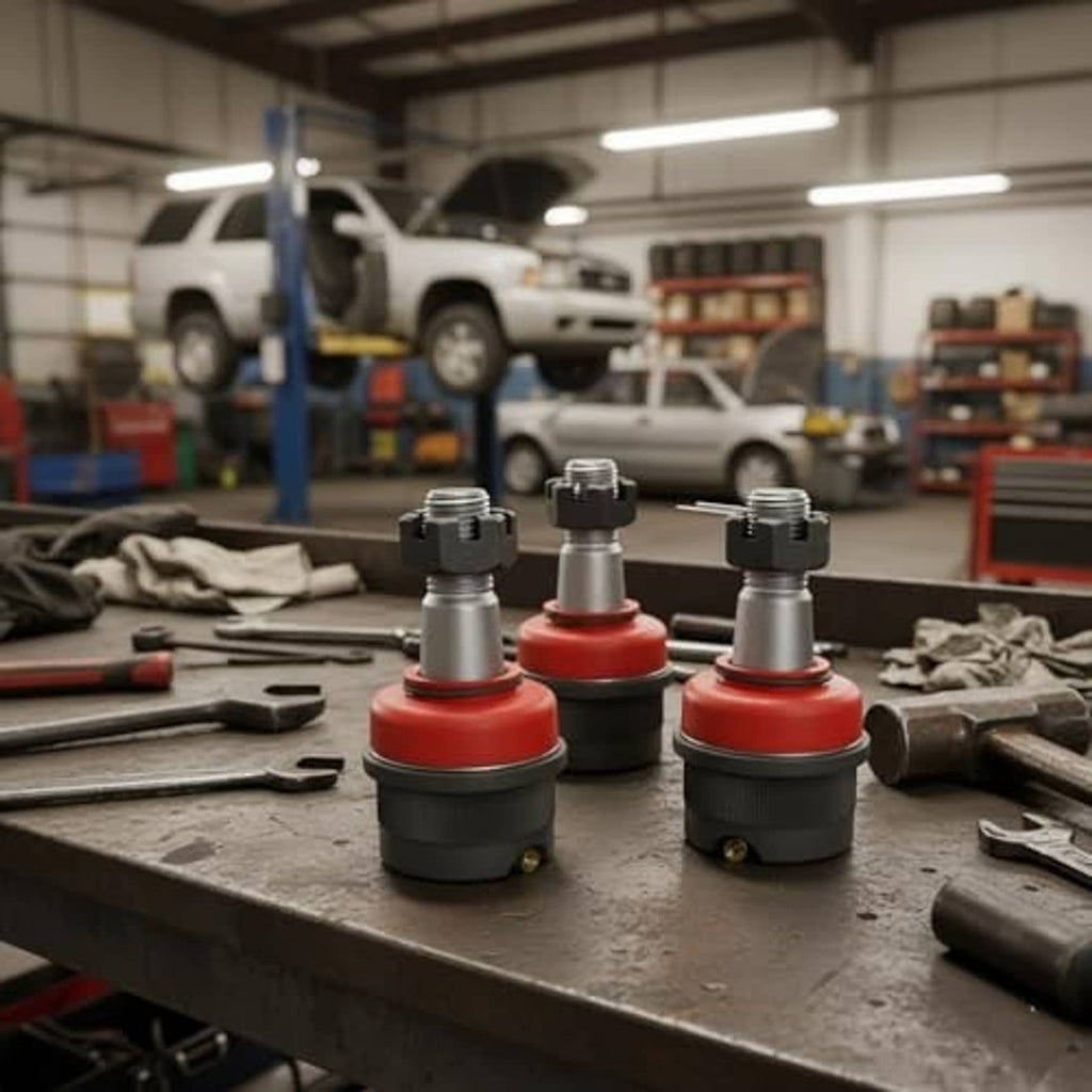 Heavy-duty greasable ball joints with red boots and black bases, set of four