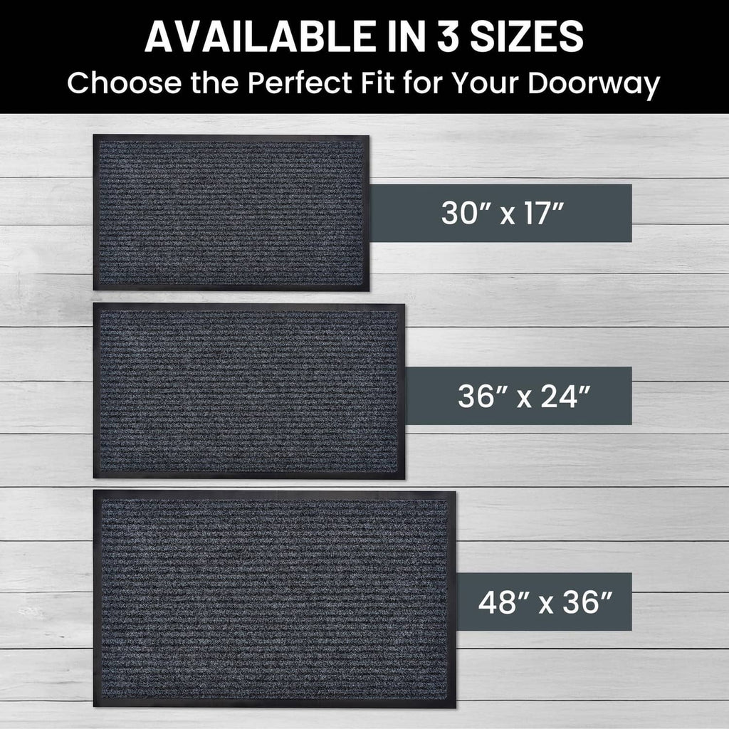 Steel gray door mat in size options 30x17, 36x24, and 48x36