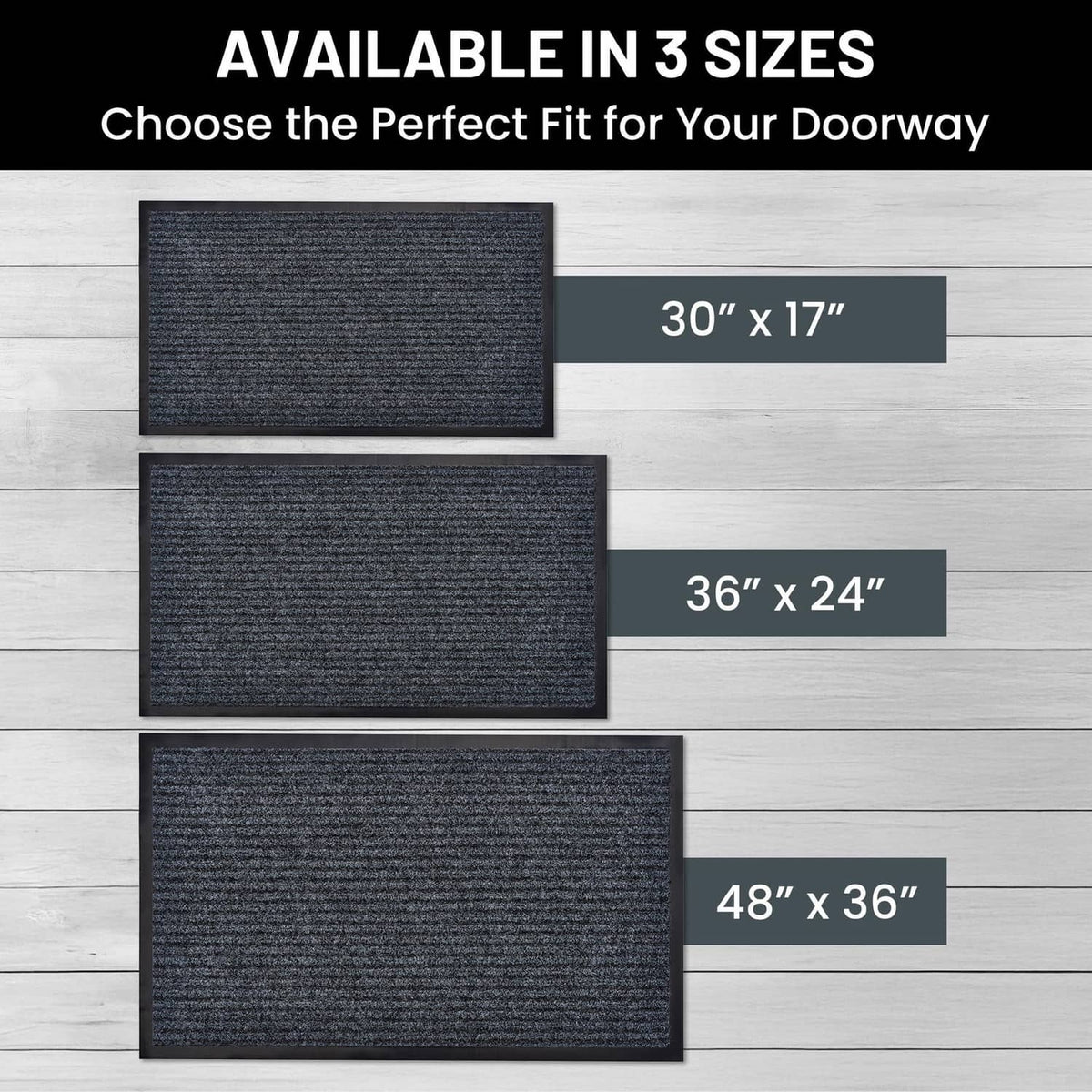 Steel gray door mat in size options 30x17, 36x24, and 48x36