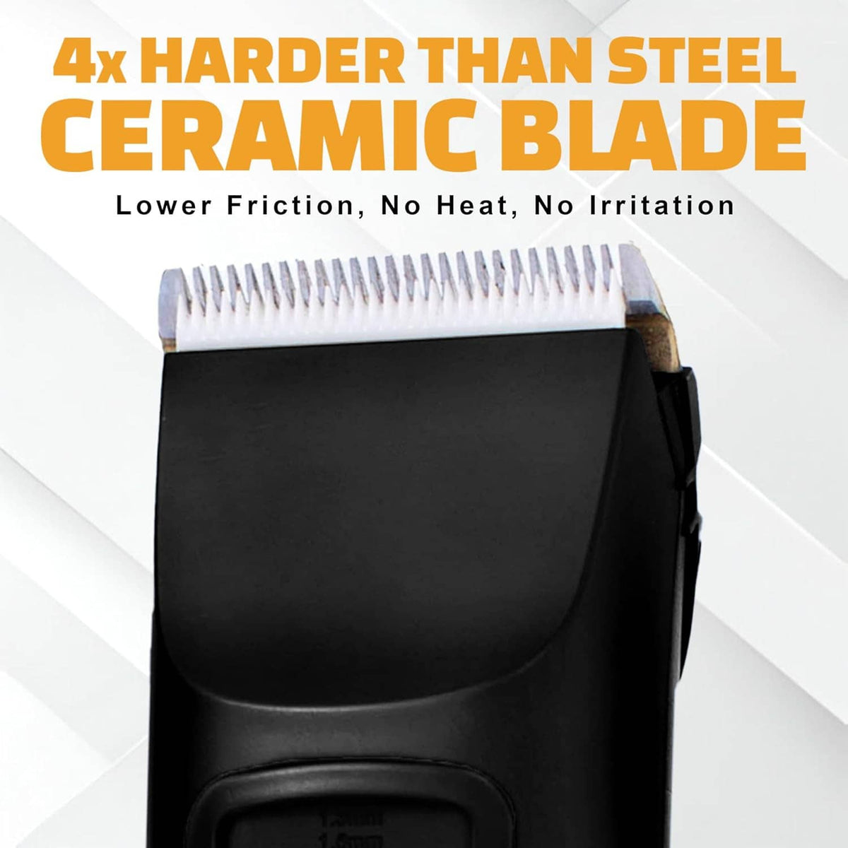 Black trimmer head with ceramic blade featuring a wide comb for beard trimming