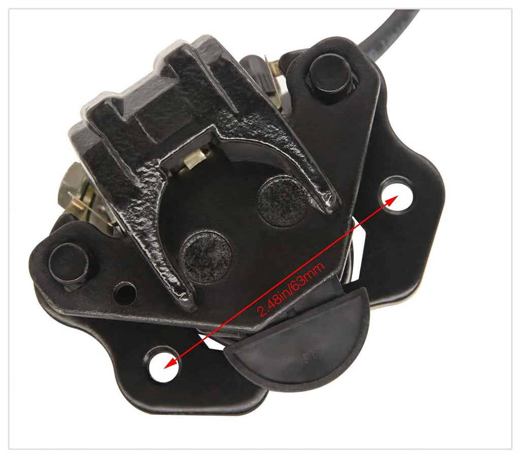 Black hydraulic disc brake caliper with mounting bracket and connected line