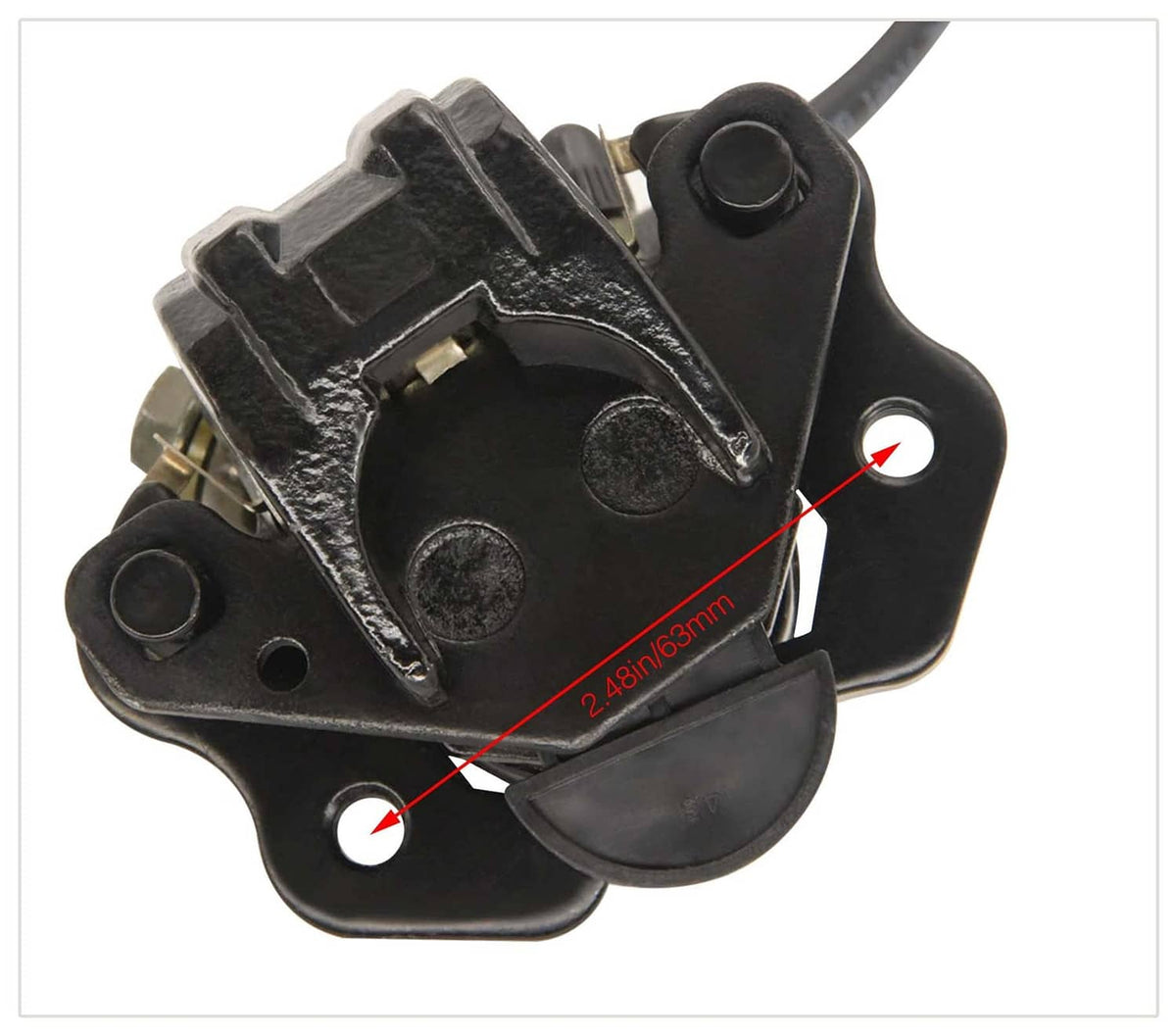 Black hydraulic disc brake caliper with mounting bracket and connected line