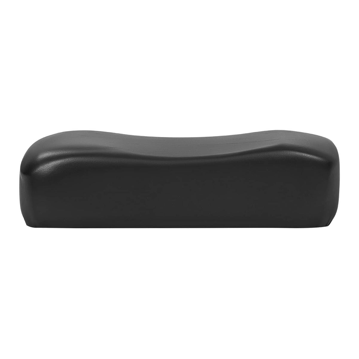Black golf cart seat back cushion, side view with contoured top edge